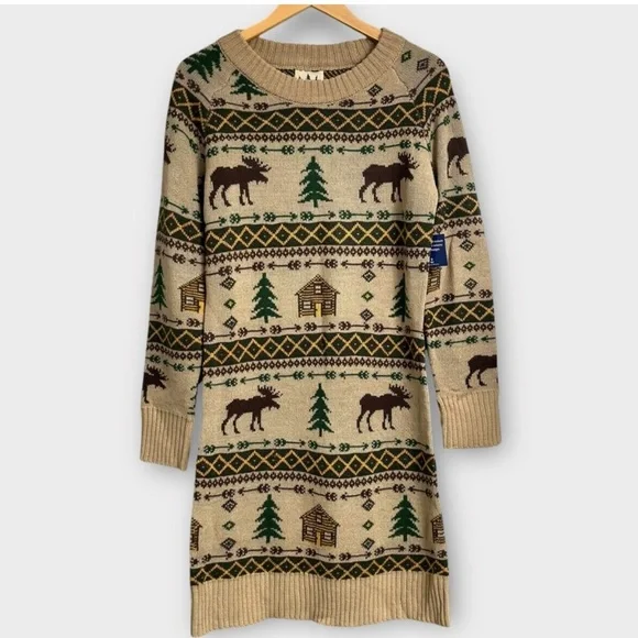 NWT Kiel James Patrick Cozy Cabin Sweater Dress Medium Moose Winter Holidays New - Picture 1 of 7